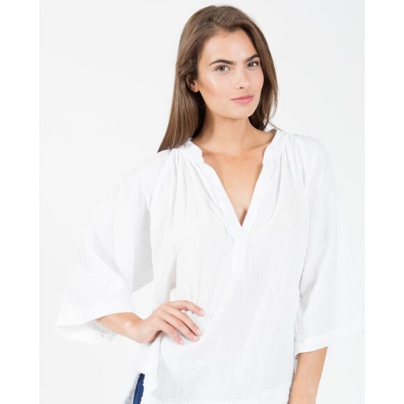 9Seed Flowy Bohemian Gauzey Blouse White 3/4 Sleeve Frayed Hem Cottagecore - Picture 1 of 14